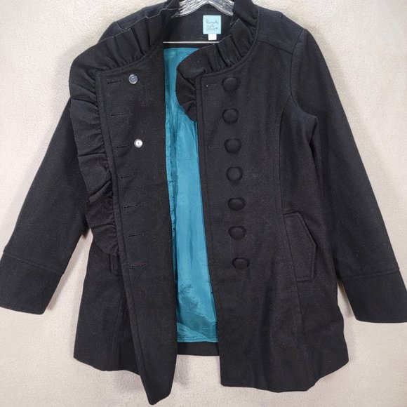 Kimchi Blue Black Wool Ruffled Button High Neck Classic Warm Pea Coat Jacket - Picture 5 of 15